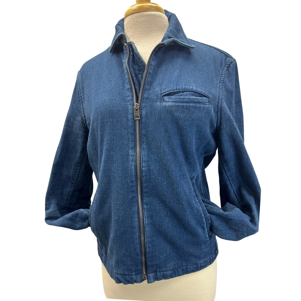 Club Monaco Denim Jacket Womens S Blue Excellent Zip Up Herringbone Texture